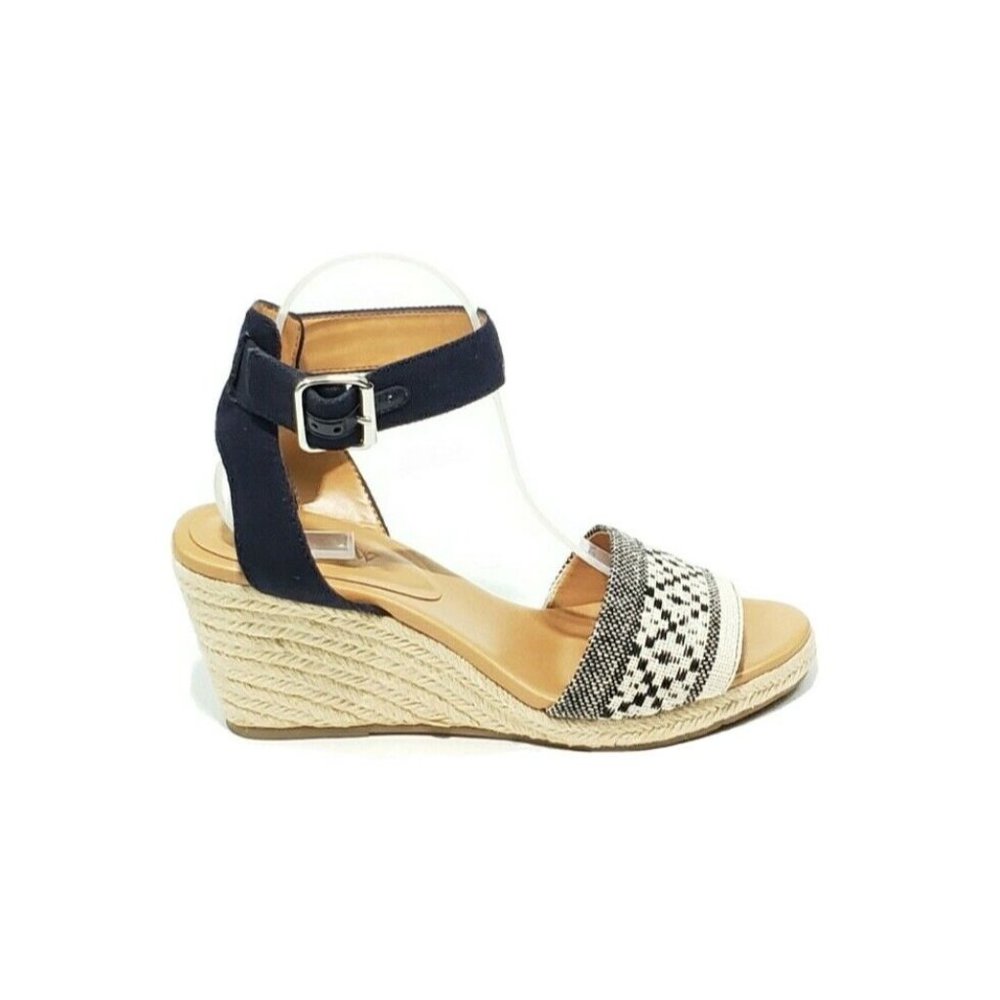J Crew Corsica Wedge Espadrille Open Toe Ankle Strap Blue White Womens US 9